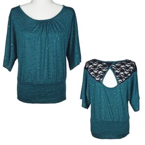Lace-Back Sparkle Sequin Blouse in Forest Green & Black, Size L